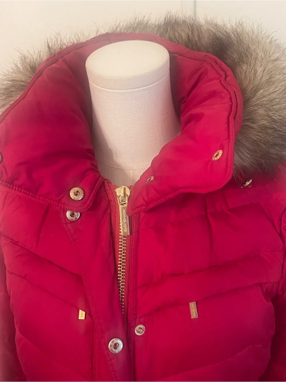 Michael Kors Red Long Quilted Puffer Coat with Faux Fur Hood
